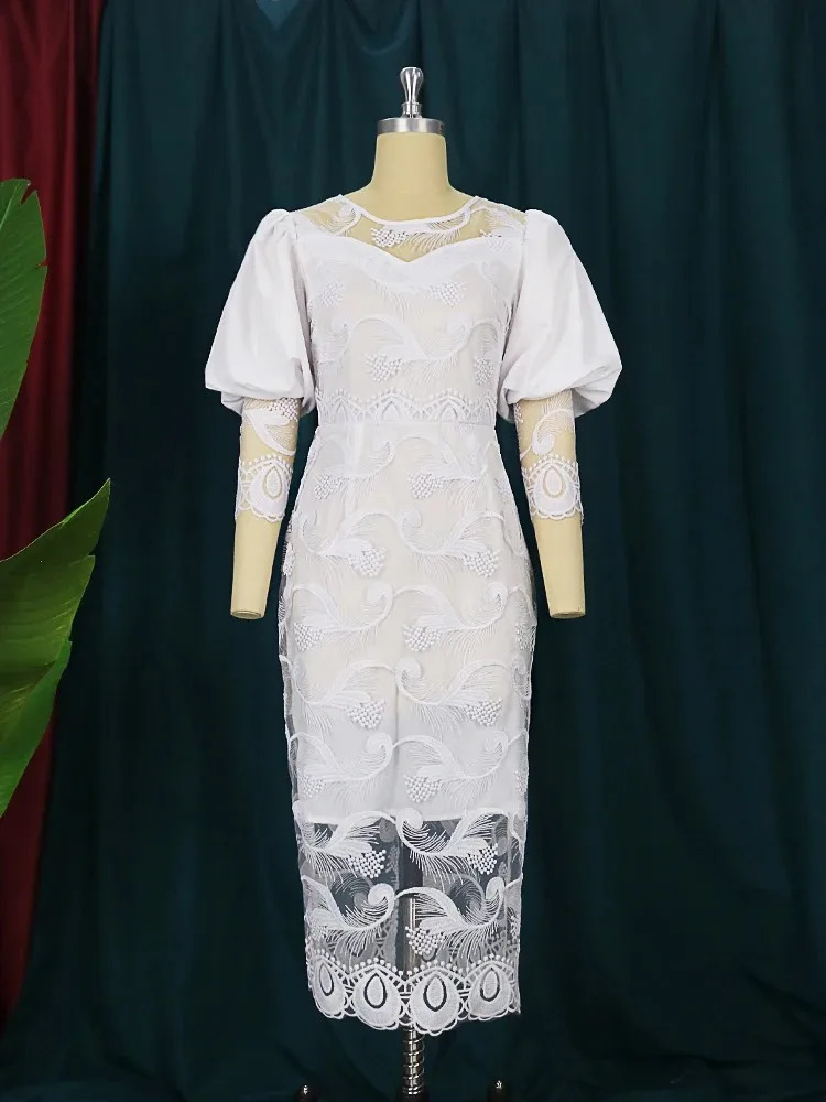 Elegant Women White Lace Dress Puff Sleeve Embroidery Pencil Dress Large Size 4XL Ladies Wedding Birthday Dinner Evening Clothes 250514