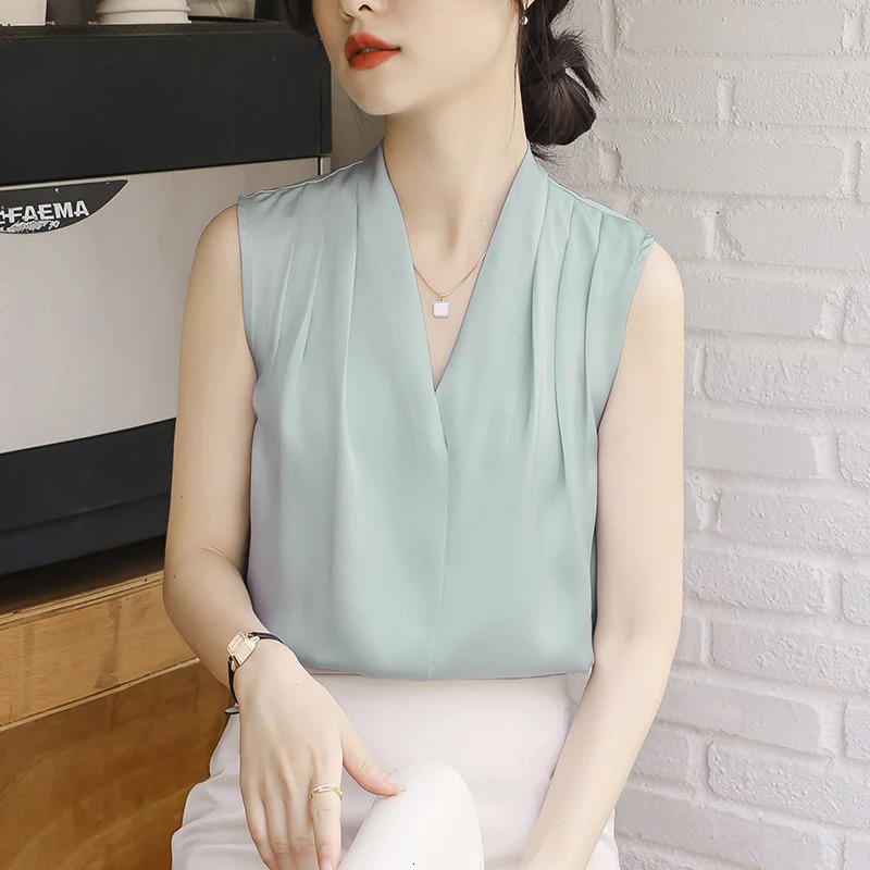 Summer Satin Tank Top Womens Blouses Sleeveless Solid Cross Vneck Casual Korean Elegant Vest Shirts for 250515
