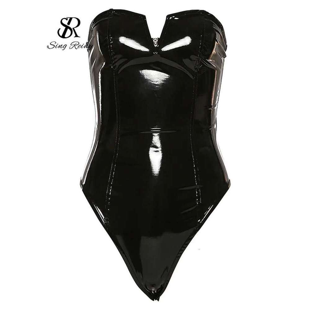 SINGREINY Strapless PU Leather Sexy Bodysuits Ladies Zipper Design Bodycon Top Fashion Streetwear Open Crotch Sensual Playsuits