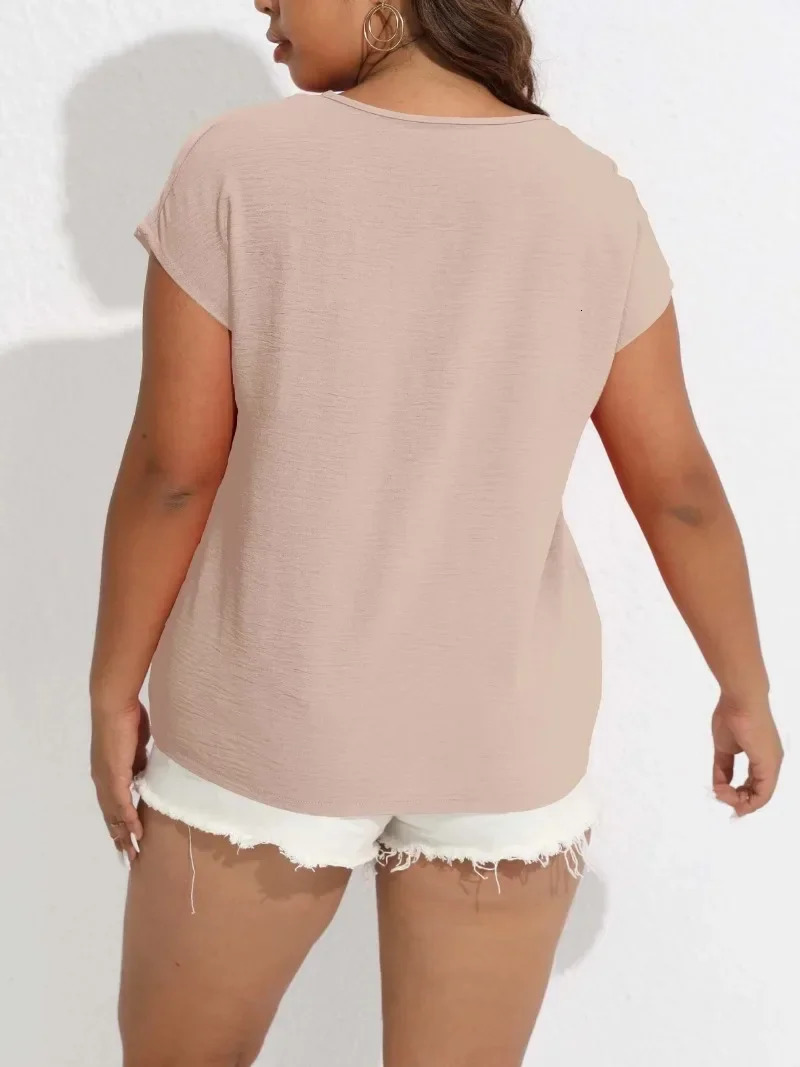 Womens 1XL-8XL Plus Size Casual Solid Color V-neck T-shirt with Buttons Short Sleeved Top Bat Sleeve Loose Shirt 250514