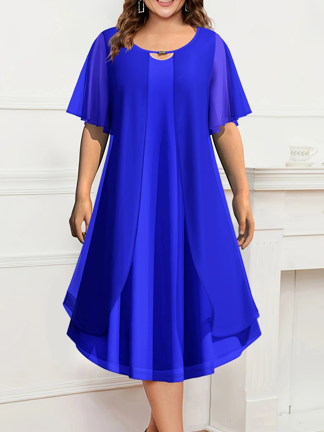 Womens Mesh Plus Size Dress Chiffon Tire Solid Elegant Casual ALine Short Sleeve Midi Summer Fashion Office 250506