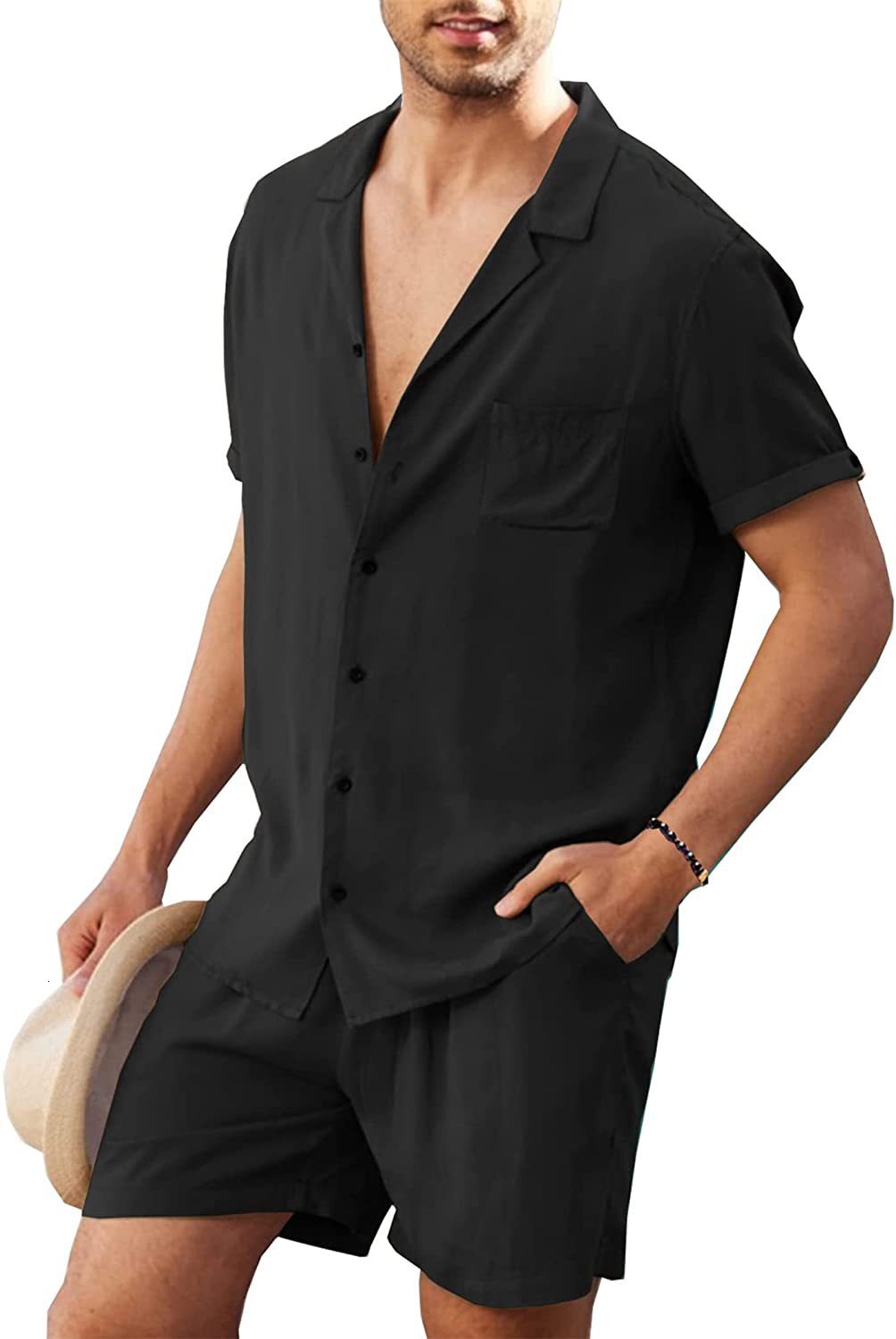 Men's Short Sleeved Set For Summer, Loose Fitting Designer, Casual Cotton And Linen Shirt, Fashionable Short Sleeved