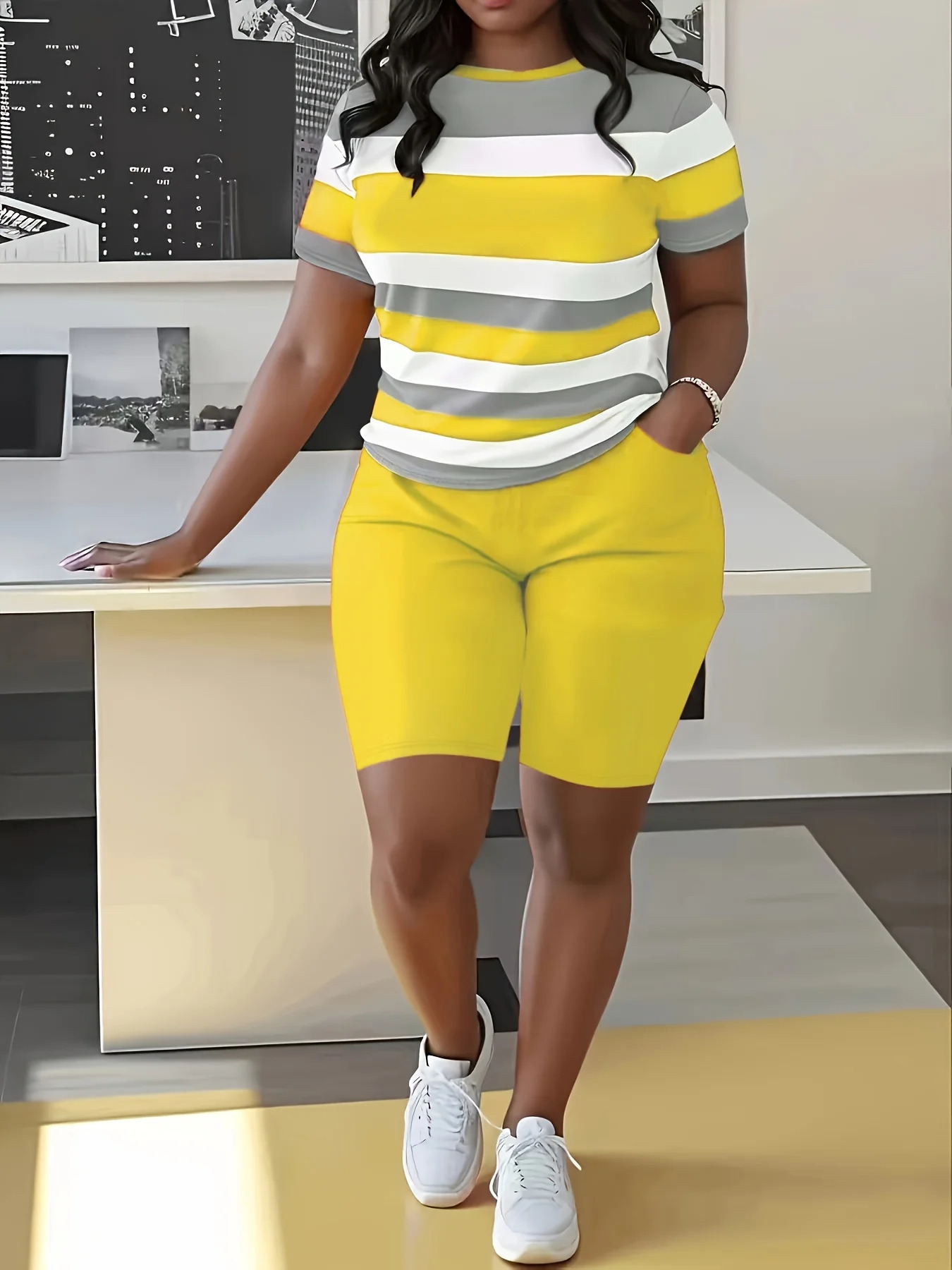 Trendy Plus Size Womens Two Piece Set Striped Short Sleeve Top and High Waist Shorts Casual Outfit 250514