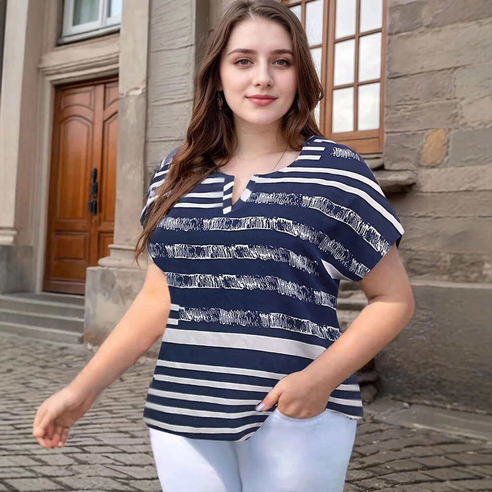 Plus Size Clothes French Tshirt Womens Designer Clothing Large Size Womens Spring and Summer New Item Striped Print V-neck Batball Sleeve Shirt T-shir