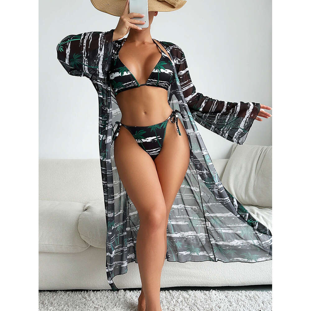 New European and American special fabric printed bikini BIKINI cover up three piece set women's swimsuit 2025 new casual versatile fashion clothi
