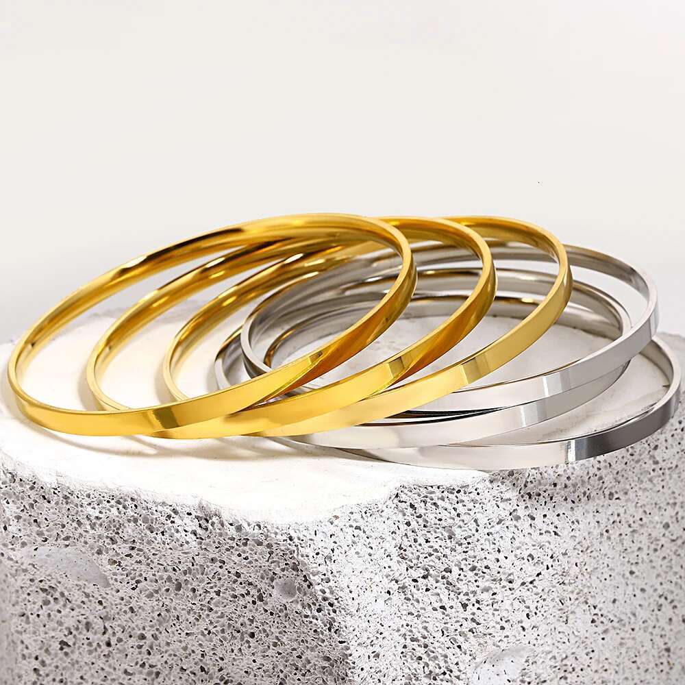Greatera 3Pcs/Set 316L Stainless Steel Round Smooth Bracelets Bangles For Women Gold Plated Metal Waterproof Jewelry