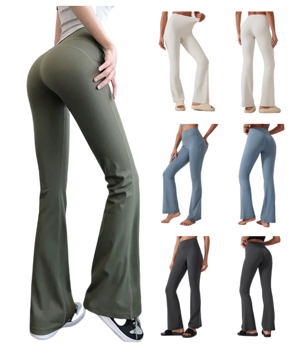 Women Pants Yoga Outfits Flared Trousers Elastic High Waist Close-Fitting Sport Gym Pure color Fit Belly Bell-Bottomed Slim Long Leggings Luluity Lemonism Pants