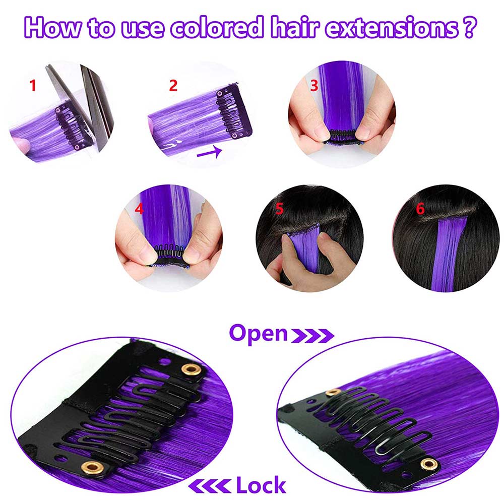 LeeWin 20" 22Pcs Single Color Party Highlights Clip in Hair Extensions Multi-Colors Hair Streak Synthetic Hairpieces 20 Colors in Set Curly Wavy