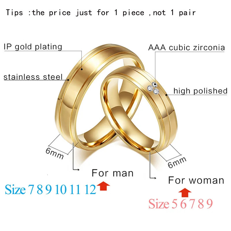 Vnox 2pcs/lots Couple Ring 316l Stainless Steel Engagement Wedding Jewelry Gold-color for Love 250515