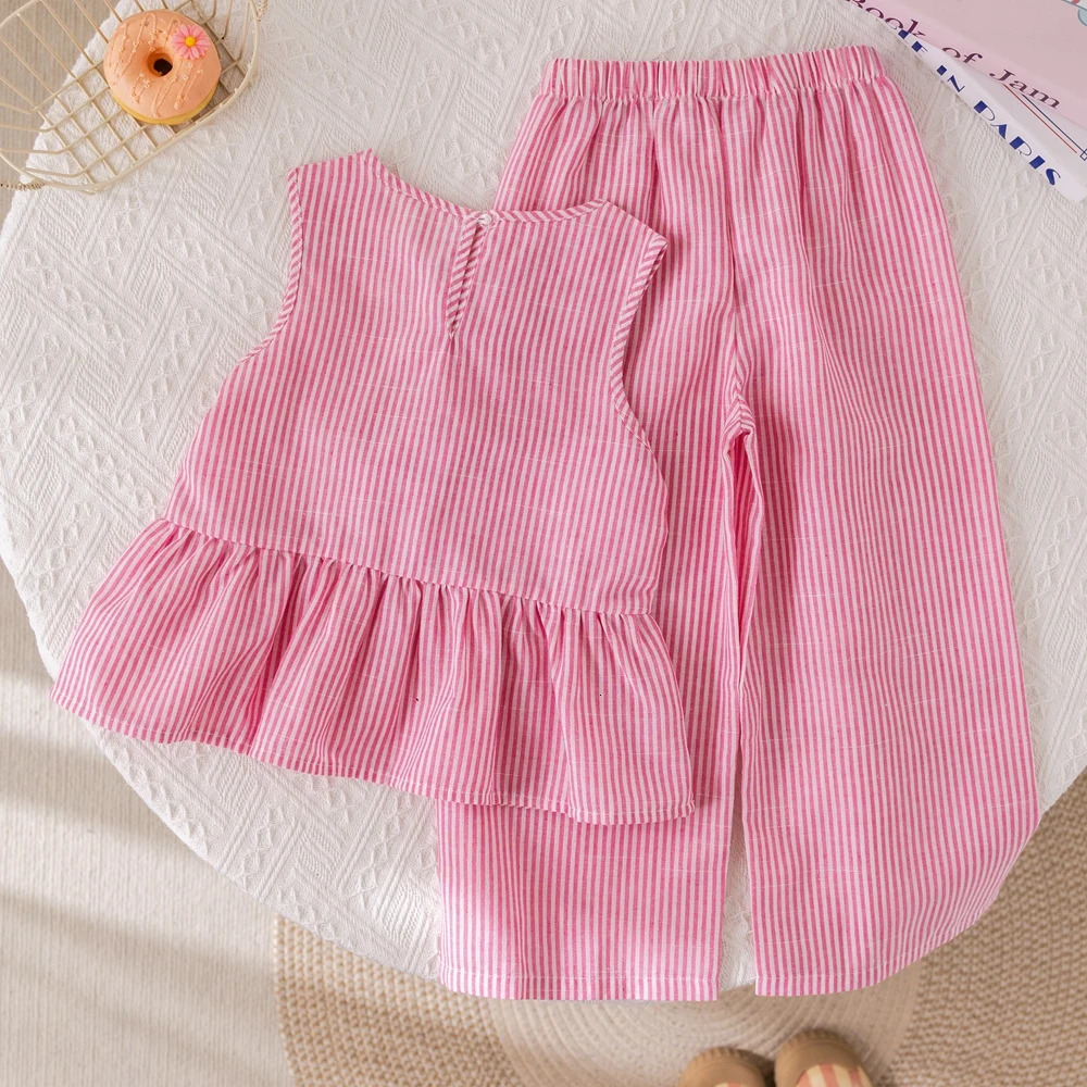 Humor Bear Summer Girls Suits Pink vertical stripe Bow Sleeveless Vest TopPants Two-piece Set Sweet Kids Clothing Sets 250515