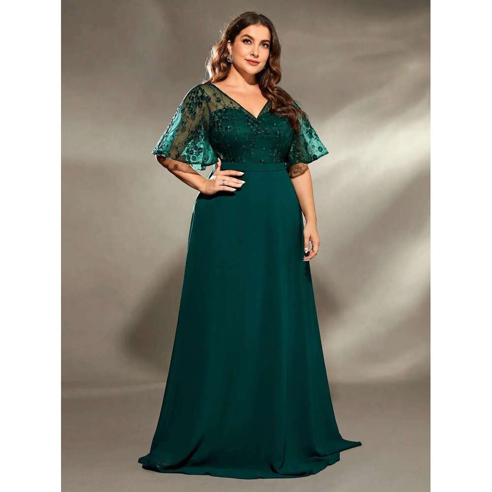 Mgiacy plus size V-neck See-through trumpet sleeve embroidered chiffon full skirt Evening gown Ball Party dress