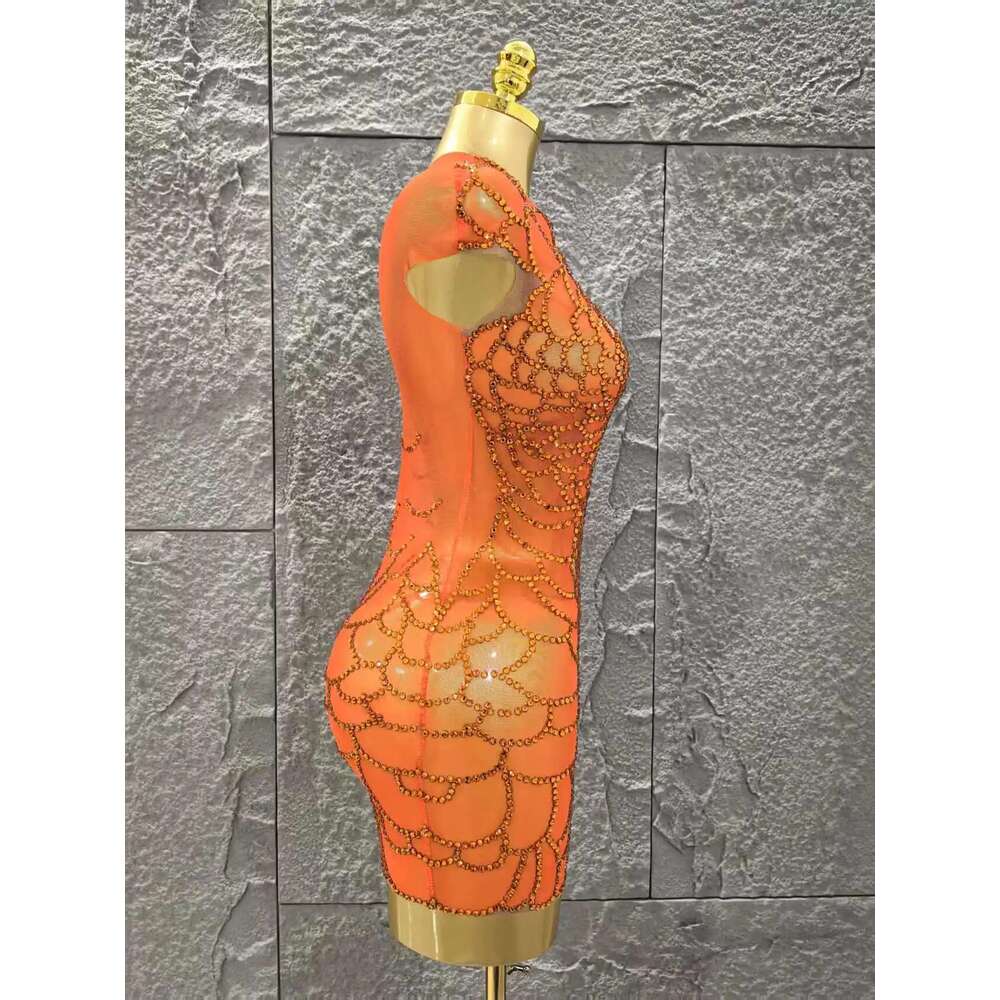 Orange Color Shinning Rhinestones Women Sexy One Shoulder Mesh Bodycon Mini Dress Celebrate Nightclub Party Bar Singer Wear