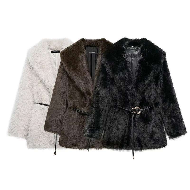 Fluffy Faux Fur Coat With Belt For Women Warm Elegant Loose Long Sleeve Jacket Female Thick Lady High Street Outerwear