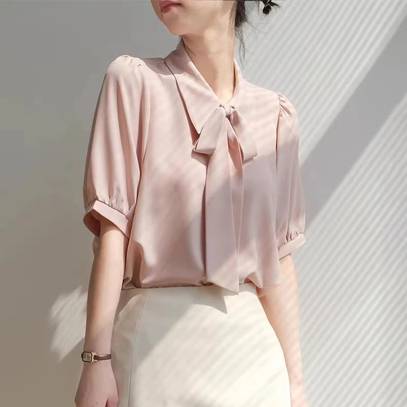 Spring Summer Elagant Chiffon Womens Bow Blouse Short Sleeve Turndown Collar Korean Casual Loose Office Shirts Female 250515