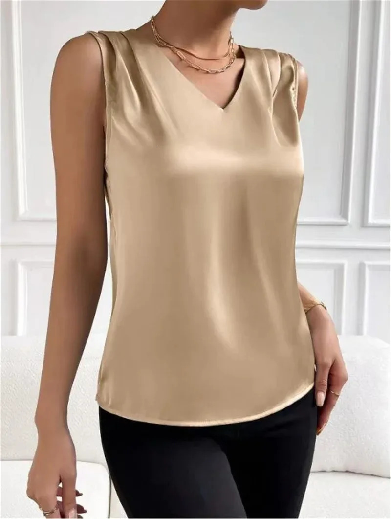 Womens vest elegant temperament Vneck summer vacation simple solid color fashion allmatching sleeveless top 250515