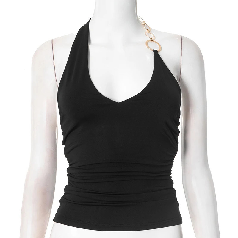CUTENOVA 2025 Spring Summer Sleeveless VNeck Sexy Circle Hanging Neck Backless TShirt Top tie Girls Streetwear 250506