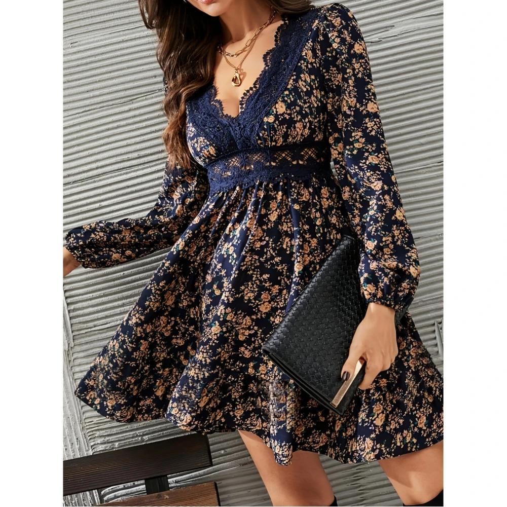 Plus size womens elegant floral Vneck Midi dress with long sleeves and polyester fabric suitable for all seasons 250506