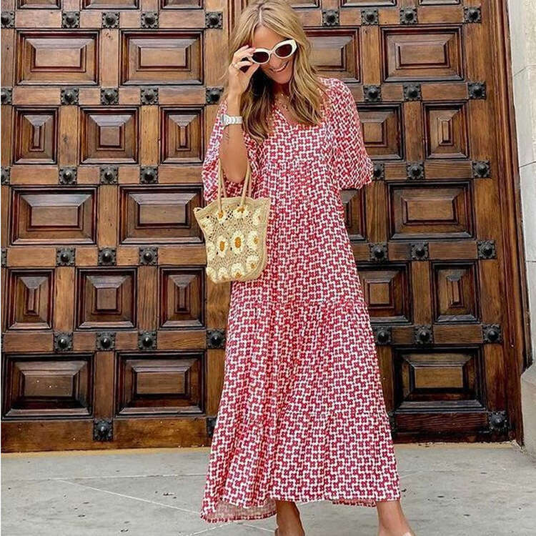 Plus Size White Dress Tender Maxi Dress for Women Beach Dress 2025 Autumn New Hot Selling Geometric Print Bubble Sleeve Dress Explosive Street Large W