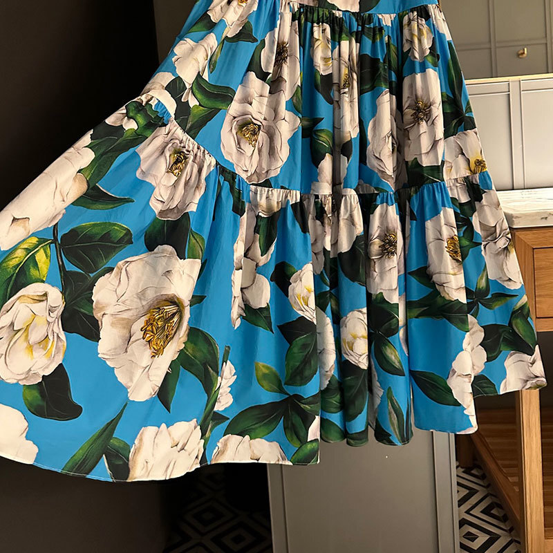 Women's Blue Floral Print Cotton Midi Skirt Summer New Arrival Designer Y2K High-Waist Calf-Length Pleated Skirt Fashion Classic Luxury Runway Cl