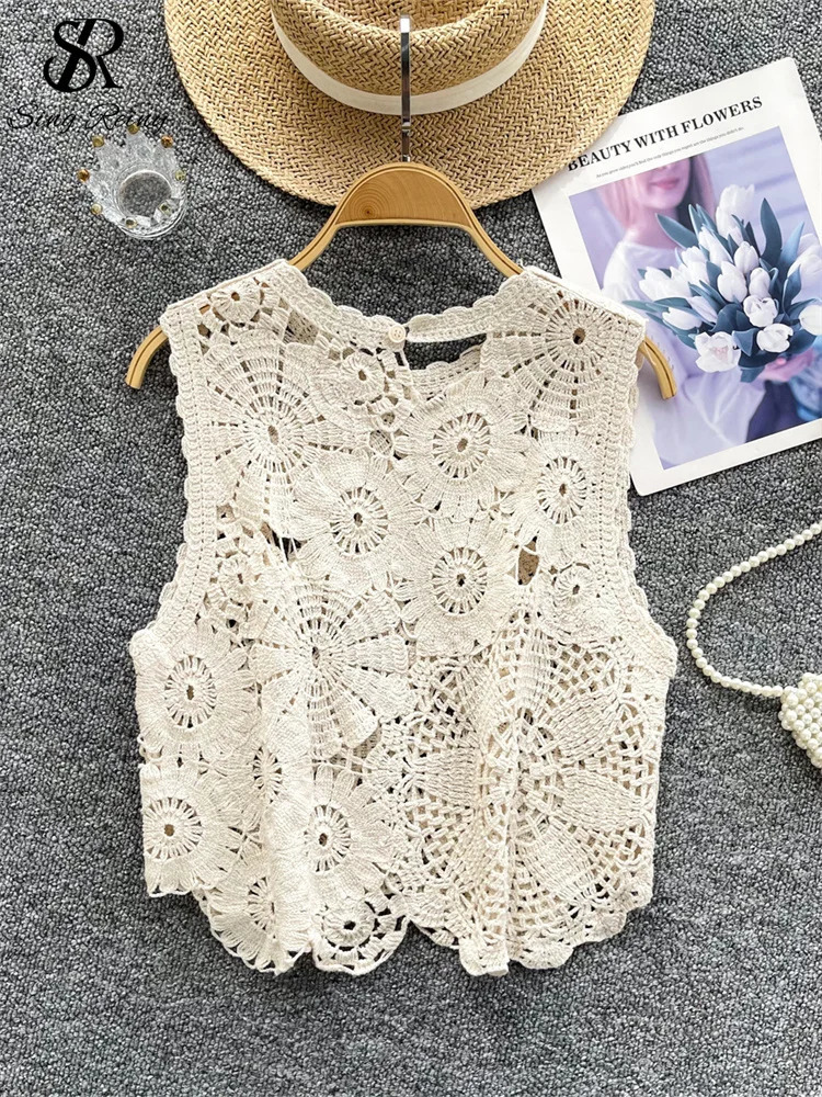 SINGREINY Korean Basic Knitting Tank Tops Female Sleeveless Hook Flower Hollow Chic n Summer Sweet Fashion Knitted Blouse 250515