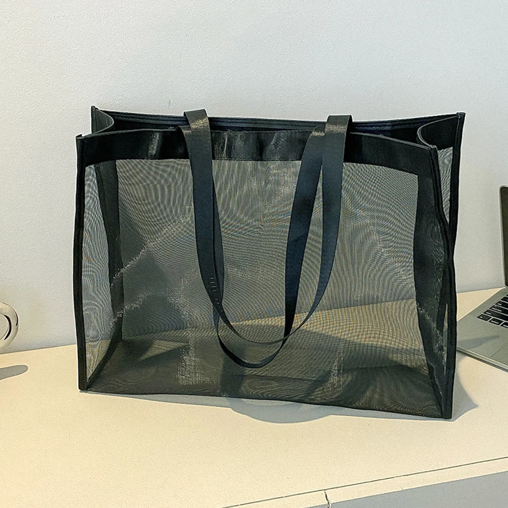 Fashion Shoulder Bag Large Capacity Mesh Shopping Bag Solid Color Top-Handle Handbag Transparent All-match for Beach Swimming 250515