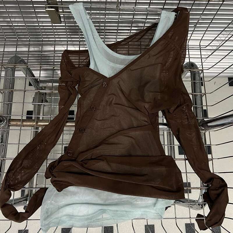 2025 Summer New Slanted Shoulder Mesh Shirt For Women Slim Fit Splicing Fake Two-Piece Long Sleeved Tops Female 11A04431