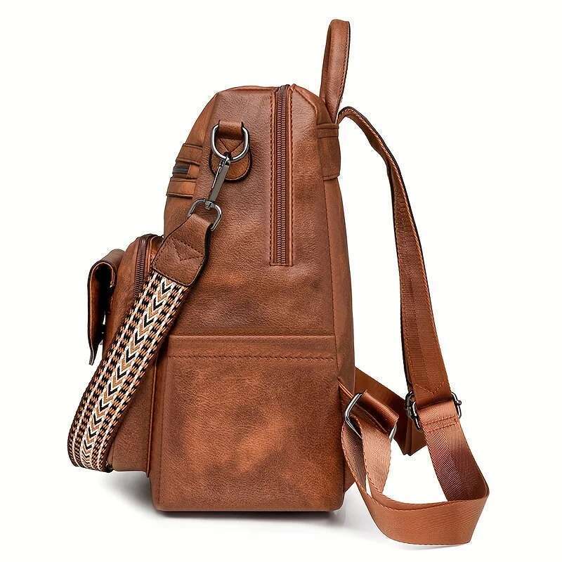 Vintage Women's Backpack Large Capacity Leopard Print Block Design With Tassel Stain-Resistant Leather