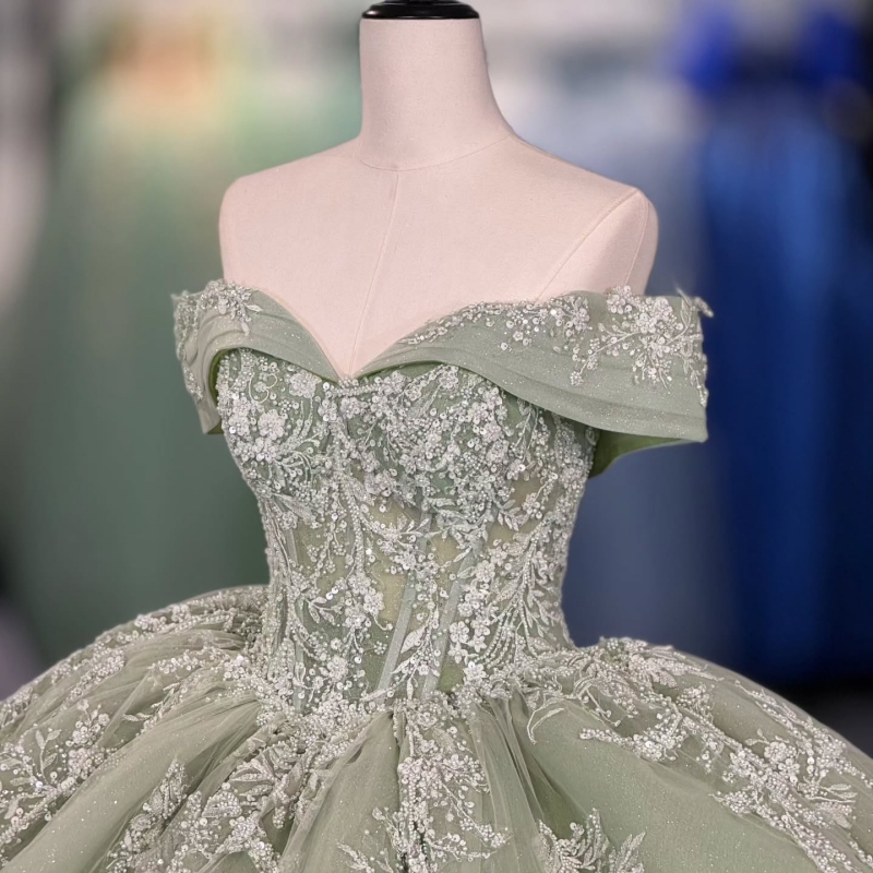 Mint Green Quinceanera Dresses Off Shoulder Ball Gown Sweet 16 Dress Sequin Applique Beading Crystal Tull Birthday Party Vestidos 15 anos