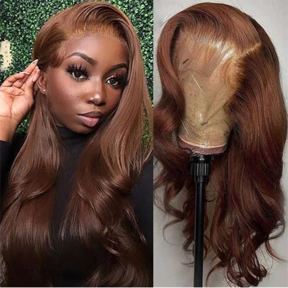 30 Inch Chocolate Body Wave 13x4 HD Front Human Hair Pre Plucked Brown Transparent Lace Frontal Wigs For Women