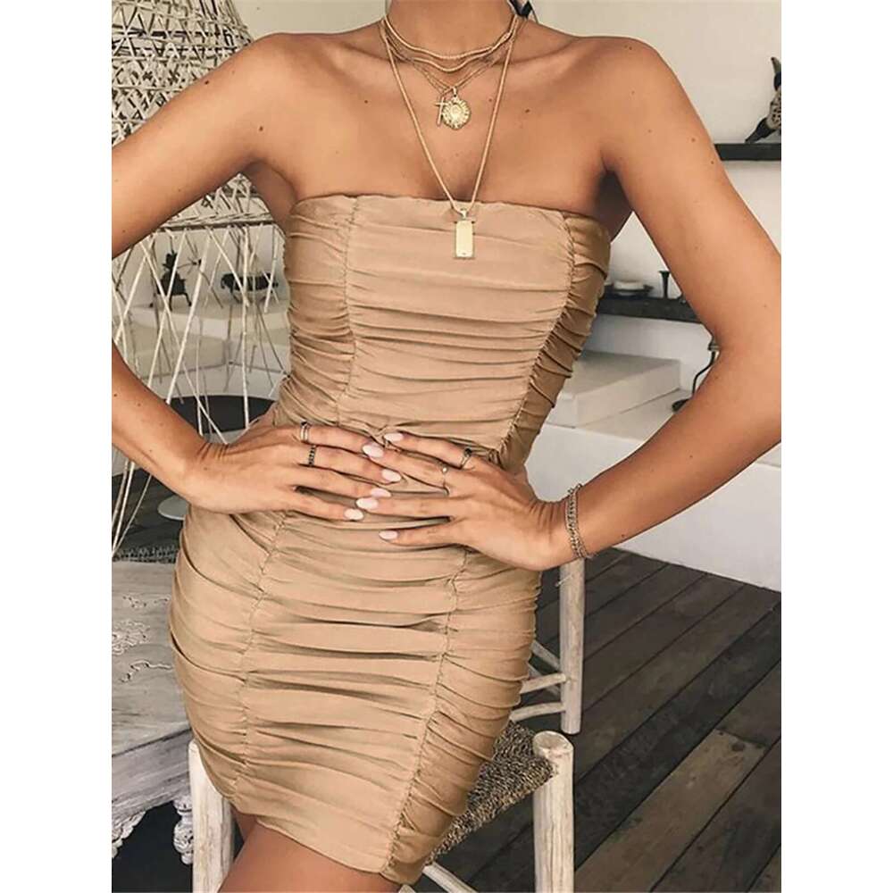 5 Colors New Sexy Bandeau Wrinkled Pleated Short Club Ladies 2025 Summer Bodycon Evening Party Tight Mini Dress D262