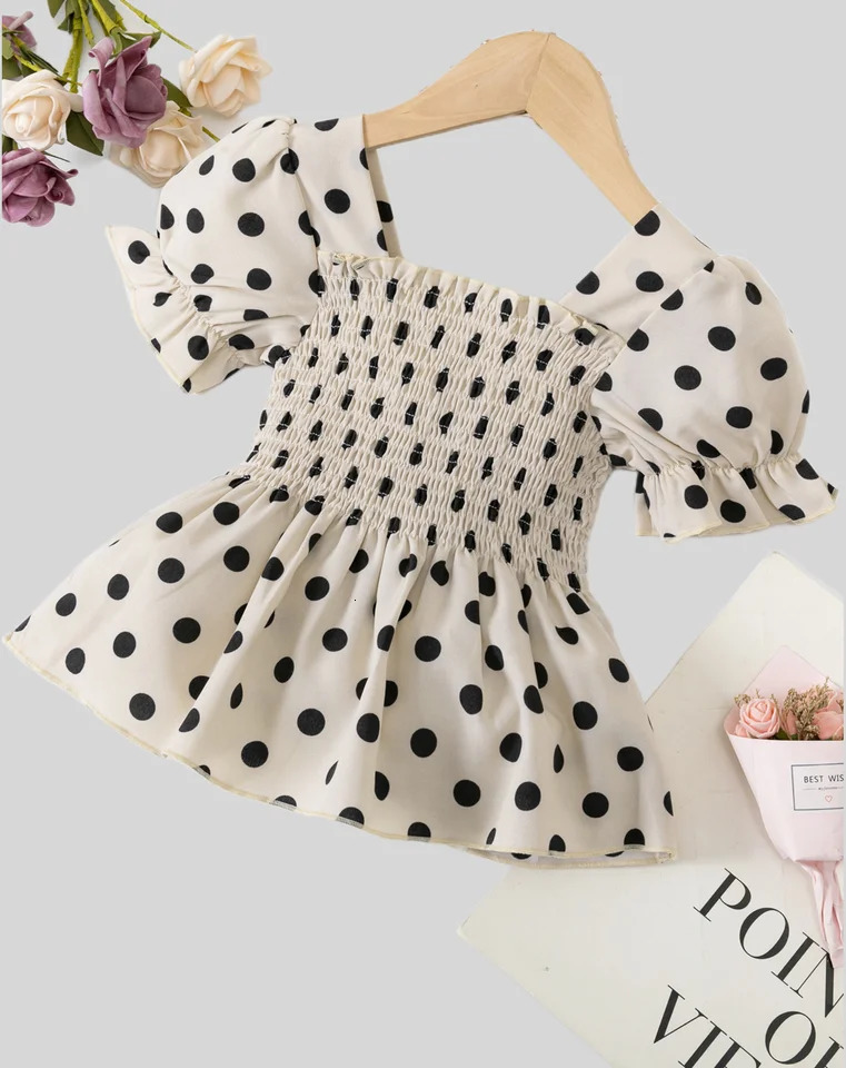 Summer rural style small wave dot shirt lace puffed sleeve cover belly folds sense French waist temperament square collar 250515