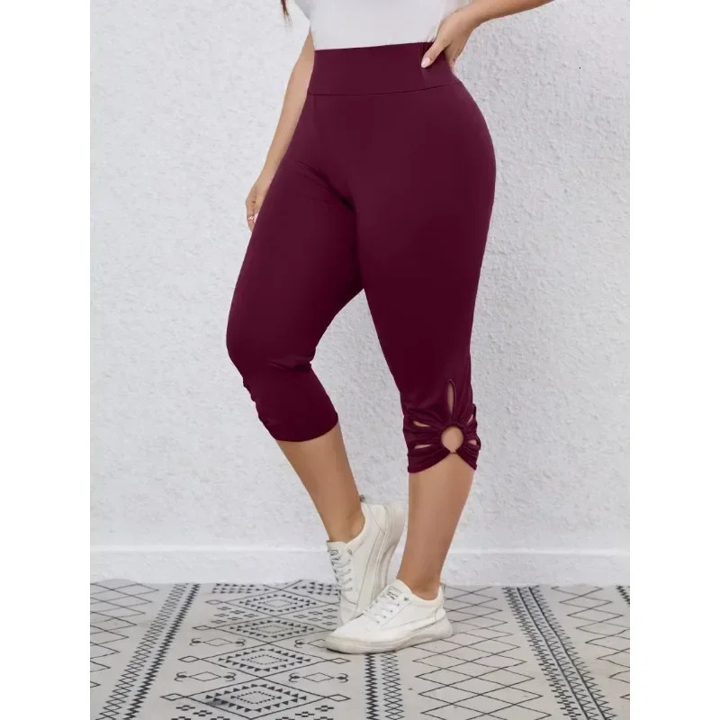 Plus Size S-8XL Womens High Waisted and High Elastic Tight Pants Summer Hollow Out Solid Color Elegant Yoga Pants Cropped Pants 250515