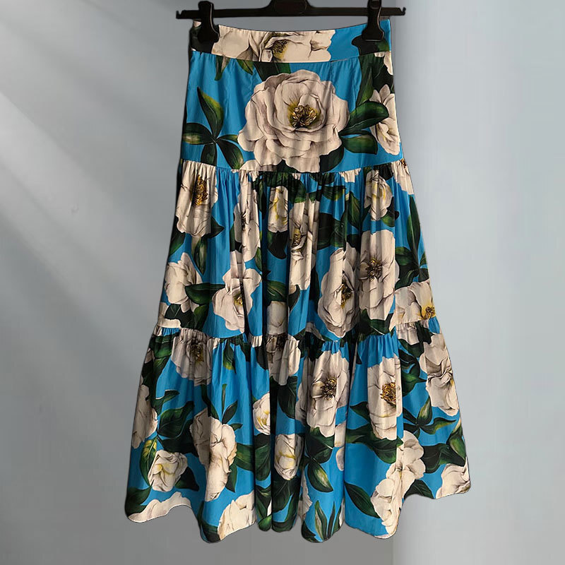 Women's Blue Floral Print Cotton Midi Skirt Summer New Arrival Designer Y2K High-Waist Calf-Length Pleated Skirt Fashion Classic Luxury Runway Cl