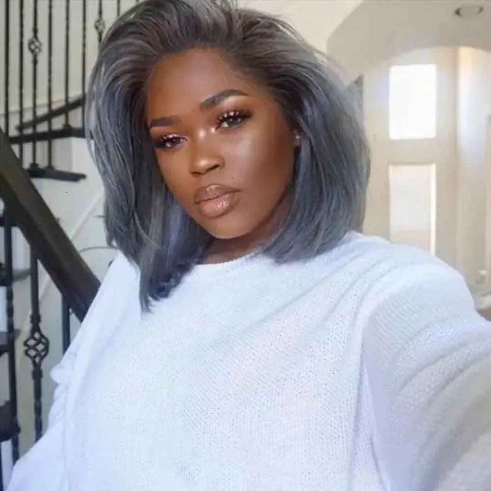 Synthetic Straight Wigs for Black Women Shoulder Length Haircut for Woman Cosplay Mixed Blue Grey Hair Wig Bob Haircut 250512