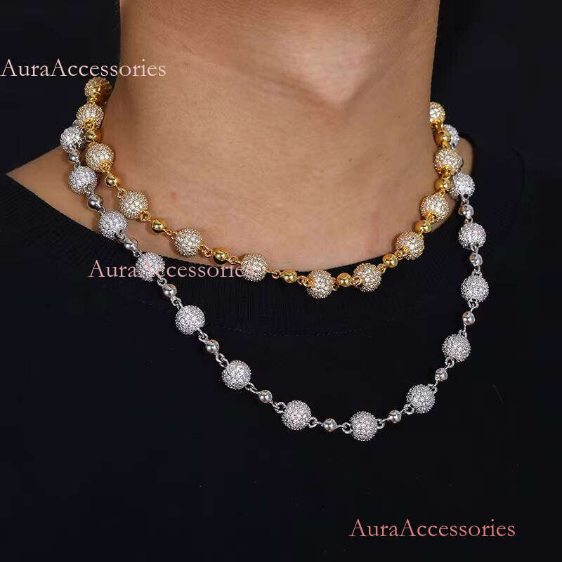 New Design Chaine Au Cou 10mm Iced Out Bead Chain Necklace Gold Plated Brass AAAAA CZ Dia Wholesale Fashion Jewelry