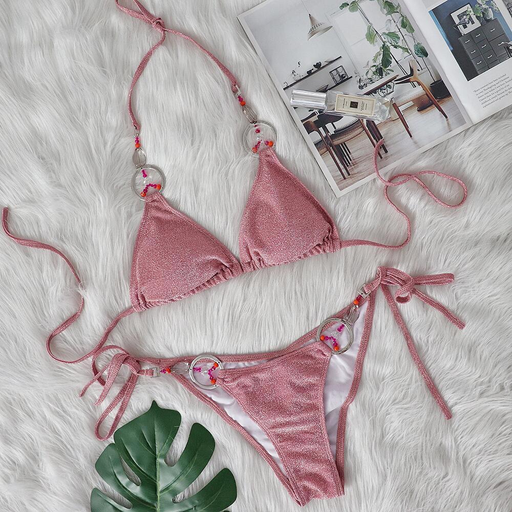 Designer Sexy Women's Bikini Handmade Beaded Crystal Split Swimsuit Fashion Highlights With Chest Cushion Hanging Neck Strap Up Set Triangle Pant