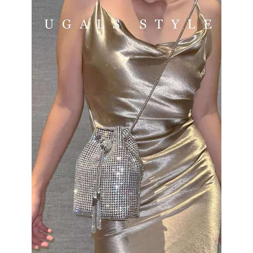 Women's Handbag Glitter String Bucket Crystal Shiny Rhinestones Dia Evening Wedding Party Clutch Purse Crossbody Bag