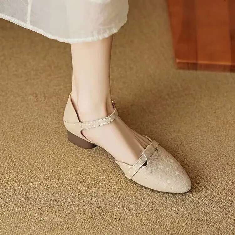 2025 Women's Sheepskin Ankle Strap Sandals Round Toe Thick Med Heel Platform Summer Pumps High Quality Heels Shoe