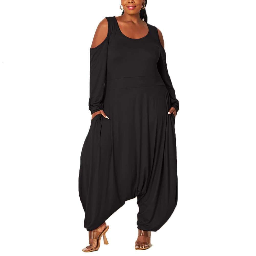 Women's 1XL-5XL Casual Fashion Plus Size Solid Color Jumpsuit Long Sleeve Loose Jumpsuits O Neck Pocket Autumn Winter Clothing