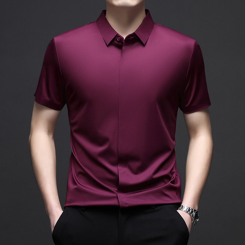 Men's Short Sleeve 2025 Summer Stretch Business Casual Solid Color Ice Silk Shirt Designer Men's Clothing
