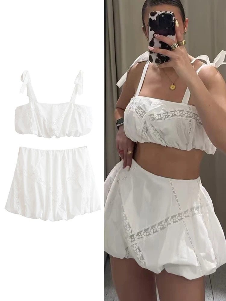 TFMLN Womens Lace Splice Top Skirt Sets Sweet Chic Bow Tie Up Short Mini Set Women Fashion White Summer 250515