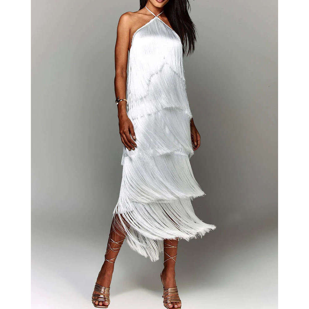 White Dress Maxi Dress Gy25044 Fashion Hanging Neck Tassel Open Back Split Dress KQ