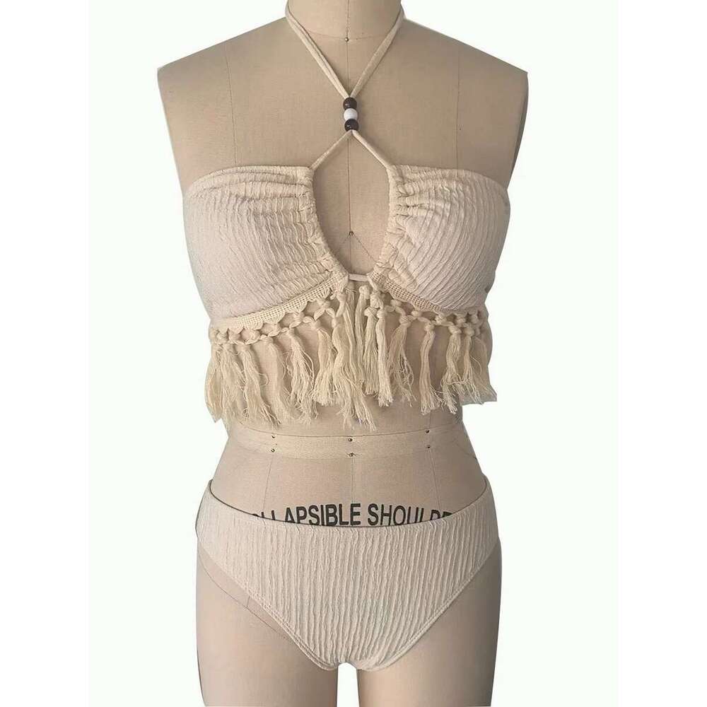 Sexy Tassels Bikini Women's Swimsuit 2025 2 Piece Swimwear Female Outfits Halter Top High Slit Skirt Set Beachwear Bathing Suits