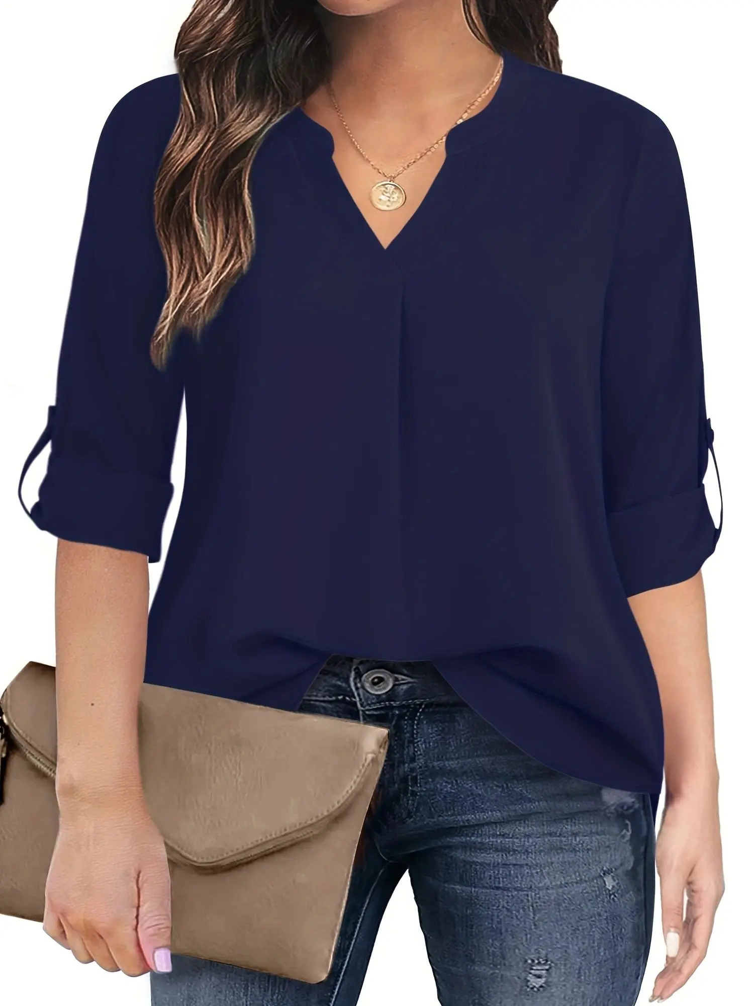 Plus Size 1XL-8XL Casual T-shirt Womens Plus Solid Notched Neck Three Quarter Sleeve With Button Decor Slight Stretch Blouse 250514
