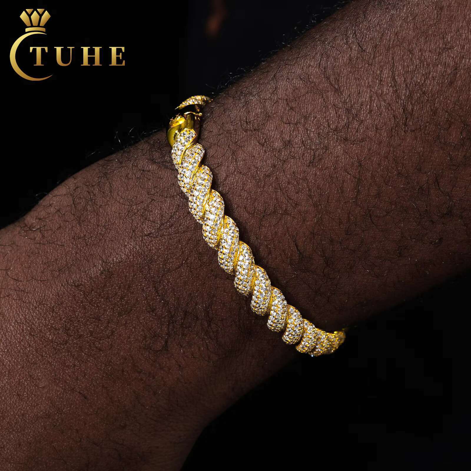 Fashion Hip Jewelry 8mm Gold Plated 925 Sterling Silver Vvs Moissanite Diamond Twist Bangle Bracelet for Men