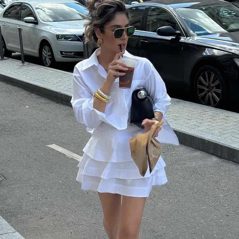 Tornova White See Through Skirt TwoPiece Set For Women Long Sleeves Shirt High Waist Cake Suit Female Loose Casual 250515