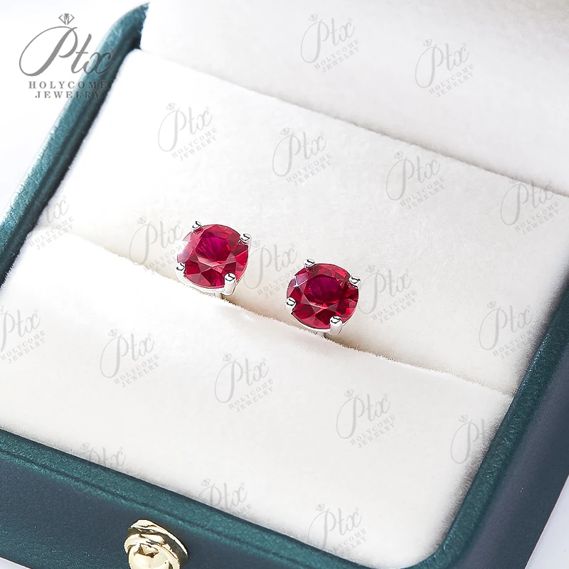 Four-prong Lab Grown Ruby Stud Earrings Sparkling 1CT Pigeon Red Earring for Women Men Real Gold Wedding Jewelry Anti Allergic