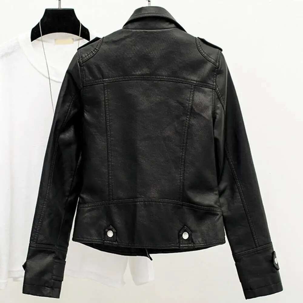 Women Cropped Trench Lapel Collar Leather Jackets Coat With Belt Female Single Button Short Motorcycle Jacket Outwear