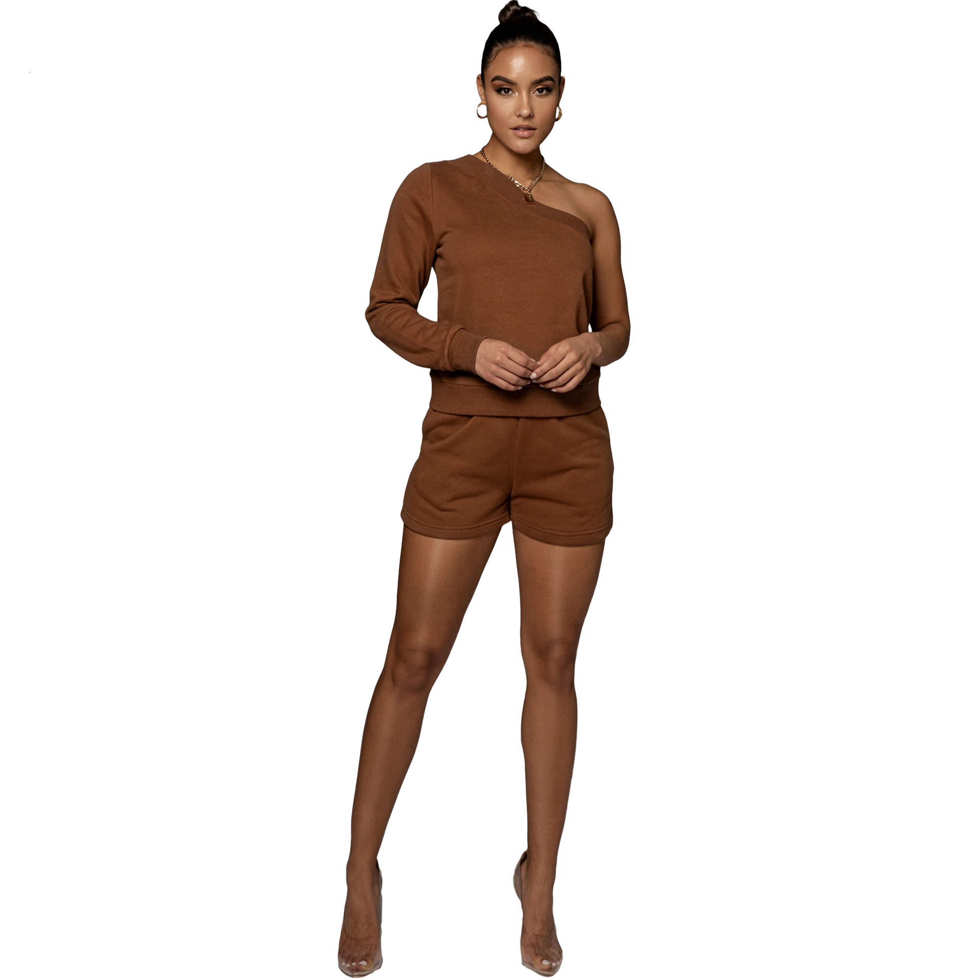F157 diagonal shoulder irregular sweater Shorts Set fashion leisure sports suit two piece set women