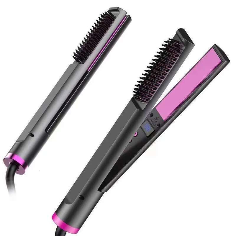 Professional 2 in 1 Straightener Electric Flat iron Anti-Scald Brush Hot Comb Hair Style Tool